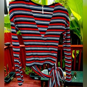 Free People Ribbed V neck Crop Top Red, White,  Blue W/Long Bow •Small•EUC